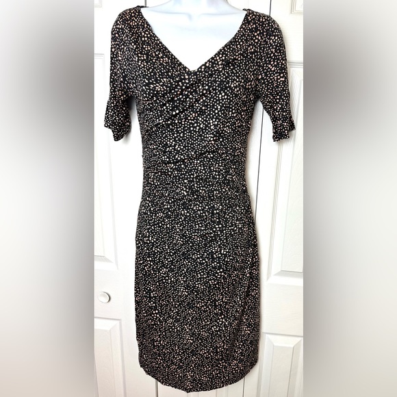 BODEN Rita Ruched Dress Polka Dot Speckled Jersey Knit Black Pink WH985 VNeck - Picture 2 of 11